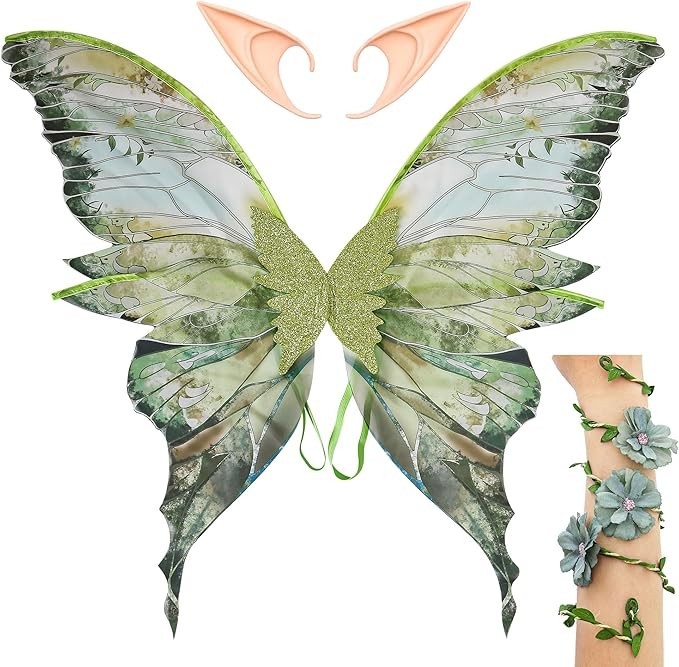 Juego de disfraces de alas de hadas - alas de mariposa, orejas de elfo, envoltura de brazo de flores para Halloween