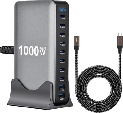 Famous Tech Shop 1000W GaN 10-Port USB-C Charging Station with 240W Cable, Fa...