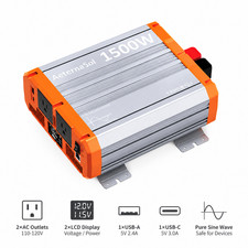1500W Power Inverter Pure Sine Wave Inverter 12V 110V 120V Car Truck Boat Solar