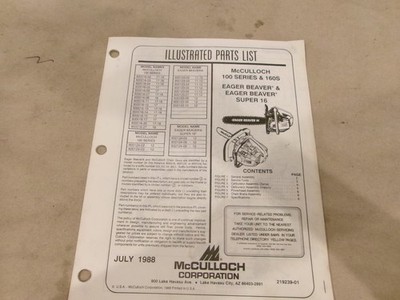 McCulloch 100 Series & 160S Eager Beaver & Super 16 Illustrated Parts List 1988