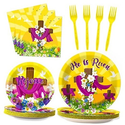 96 Pcs Easter Tableware Set He is Risen Plates Happy Easter Party Plates