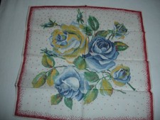 VTG.NWOT UNBRANDED FLORAL COTTON HANKIE,BLUE AND DARK YELLOW ROSES.12.5 IN.