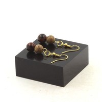 Ohrringe 2 Perlen Obsidian Mahagoni + Holz 8 Mm Aus Stahl Hergestellt