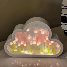 DIY Cloud Tulip Mirror Night Light, Simulation Flower Bedroom Cloud Tulip Table
