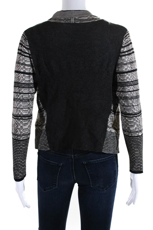 karen Millen Women's Open Front Waterfall Collar Striped Cardigan Gray Size 3 - Image 3 of 4