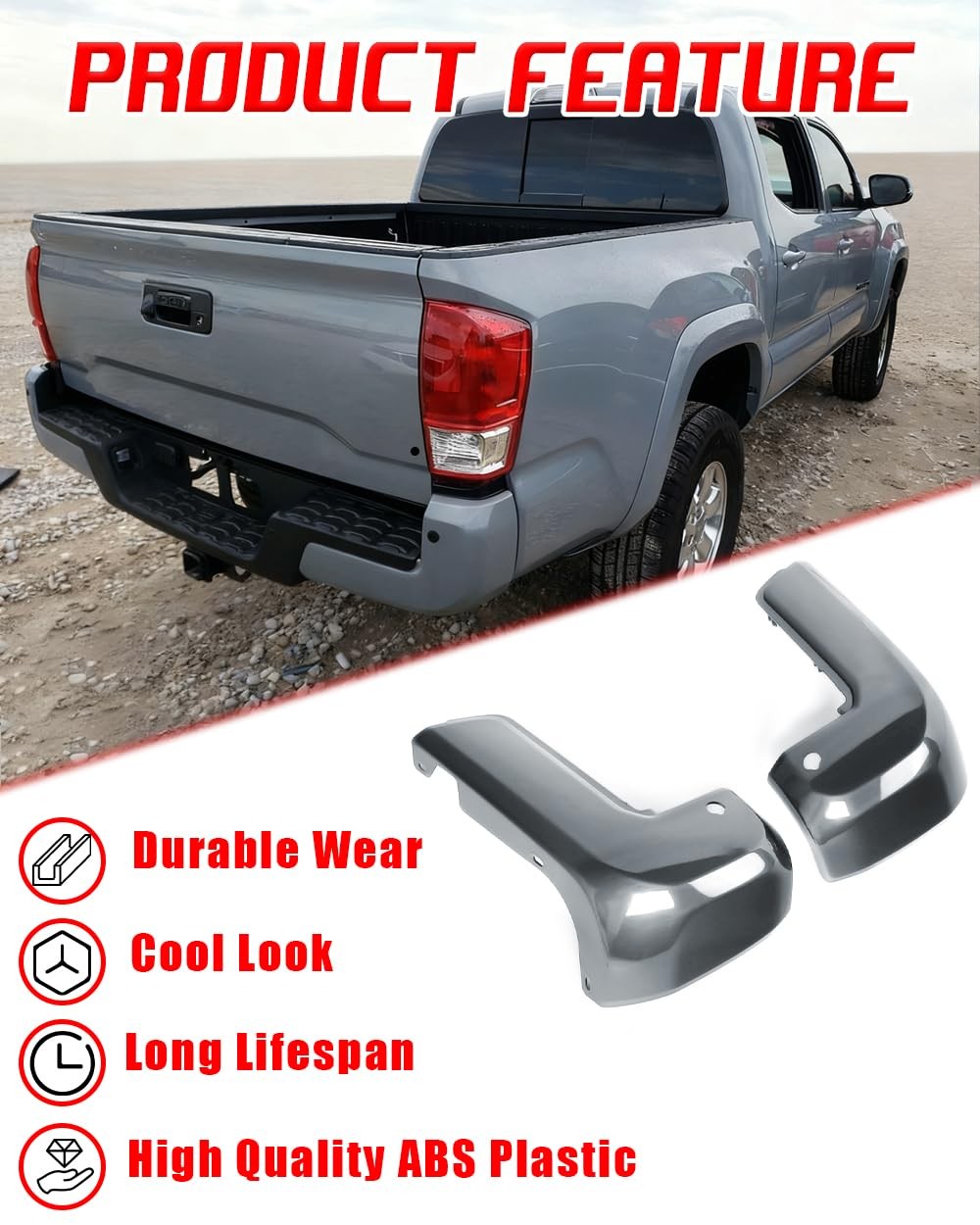 Cement Grey Rear Bumper End Caps W/ Sensor Hole For Toyota Tacoma 2016-23 9.06"H