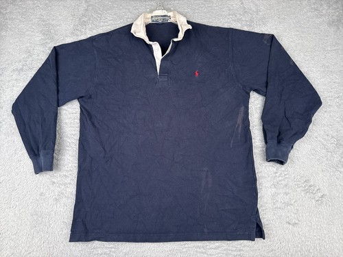 VINTAGE Polo Ralph Lauren Shirt Men Medium Blue Rugby Long Sleeve Cotton READ ME