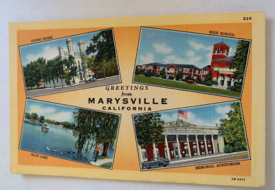 Linen Postcard Multiple Views Greetings from Marysville, California