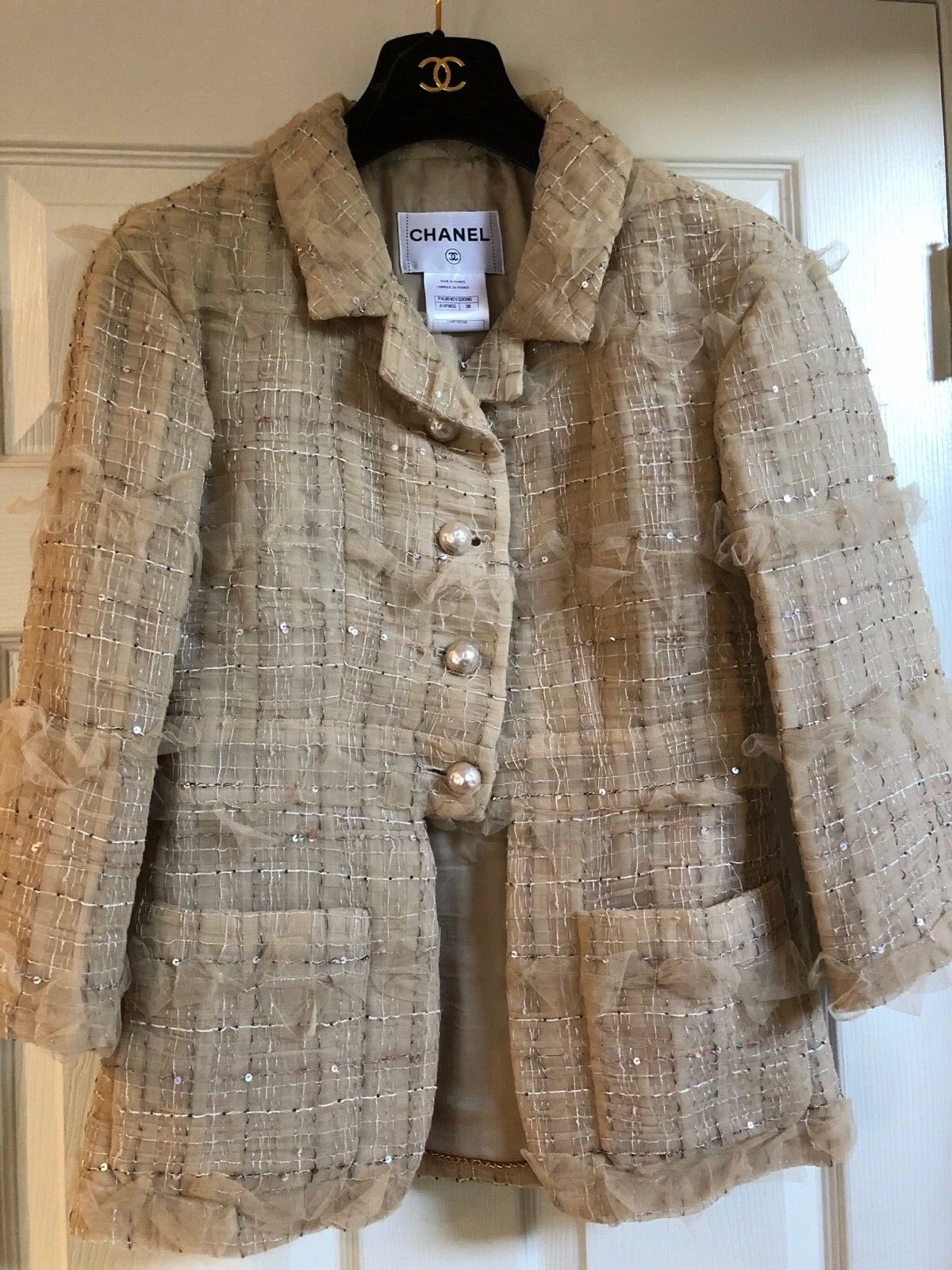 CHANEL 12P VINTAGE NUOVA GIACCA TWEED TULLE BEIGE PAILLETTES ARRUFFATE CC FR38 40 $13K