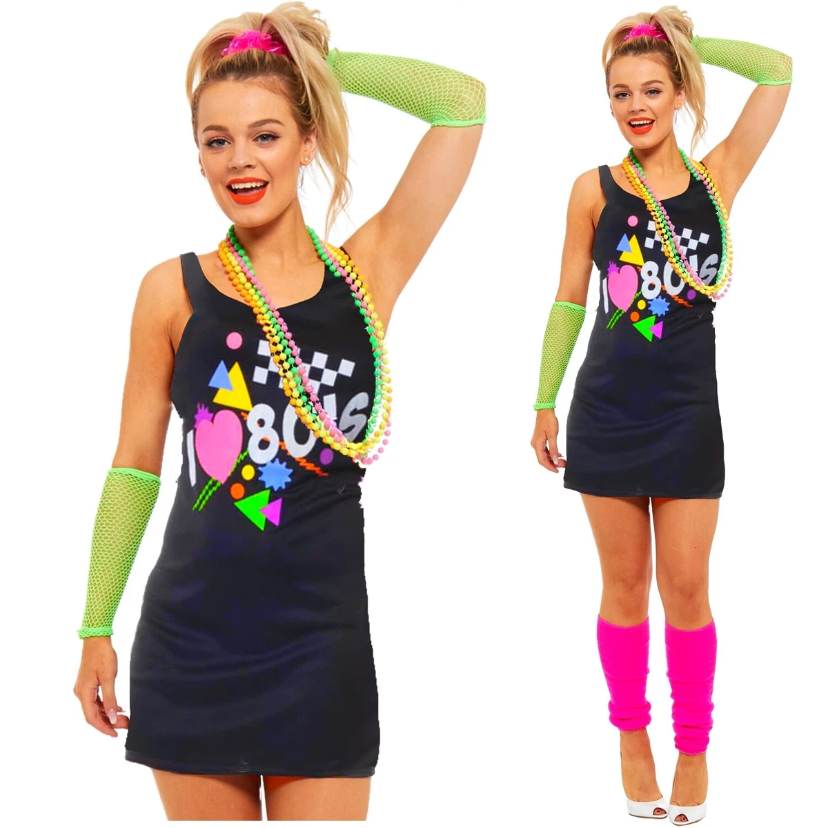 Ladies I Love the 80s Dress 1980s Hen Festival Fancy Dress Costume UK 8-16