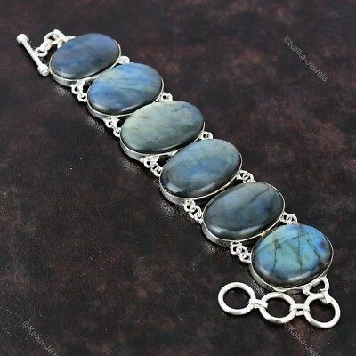 Natural Labradorite Gemstone Chain Adjustable Bracelet 925 Silver For Women