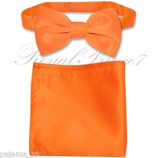 New Solid ORANGE Men's Bow tie  Pocket Square Hankie set wedding Party Prom