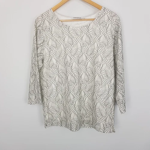 Renoma Womens Size 10 Beige White Laced Blouse 3/4 Sleeves Lined Top