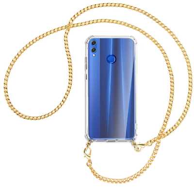 Handykette für Honor 8X goldfarbene Kette (G) Hülle mit Band Kordel zum Umhängen