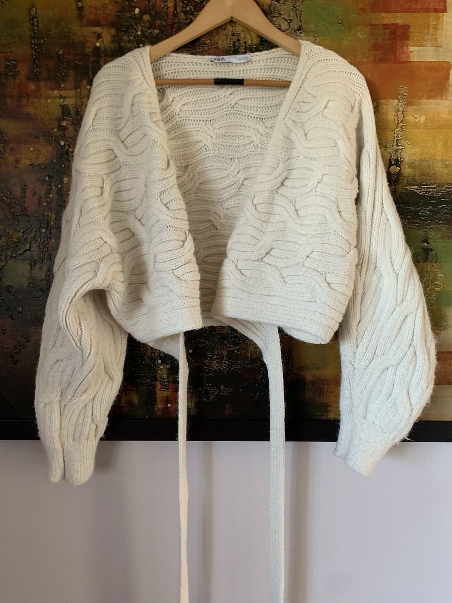 ZARA Wrap Cardigan Chunky Cable Knit Cropped Sweater Size M
