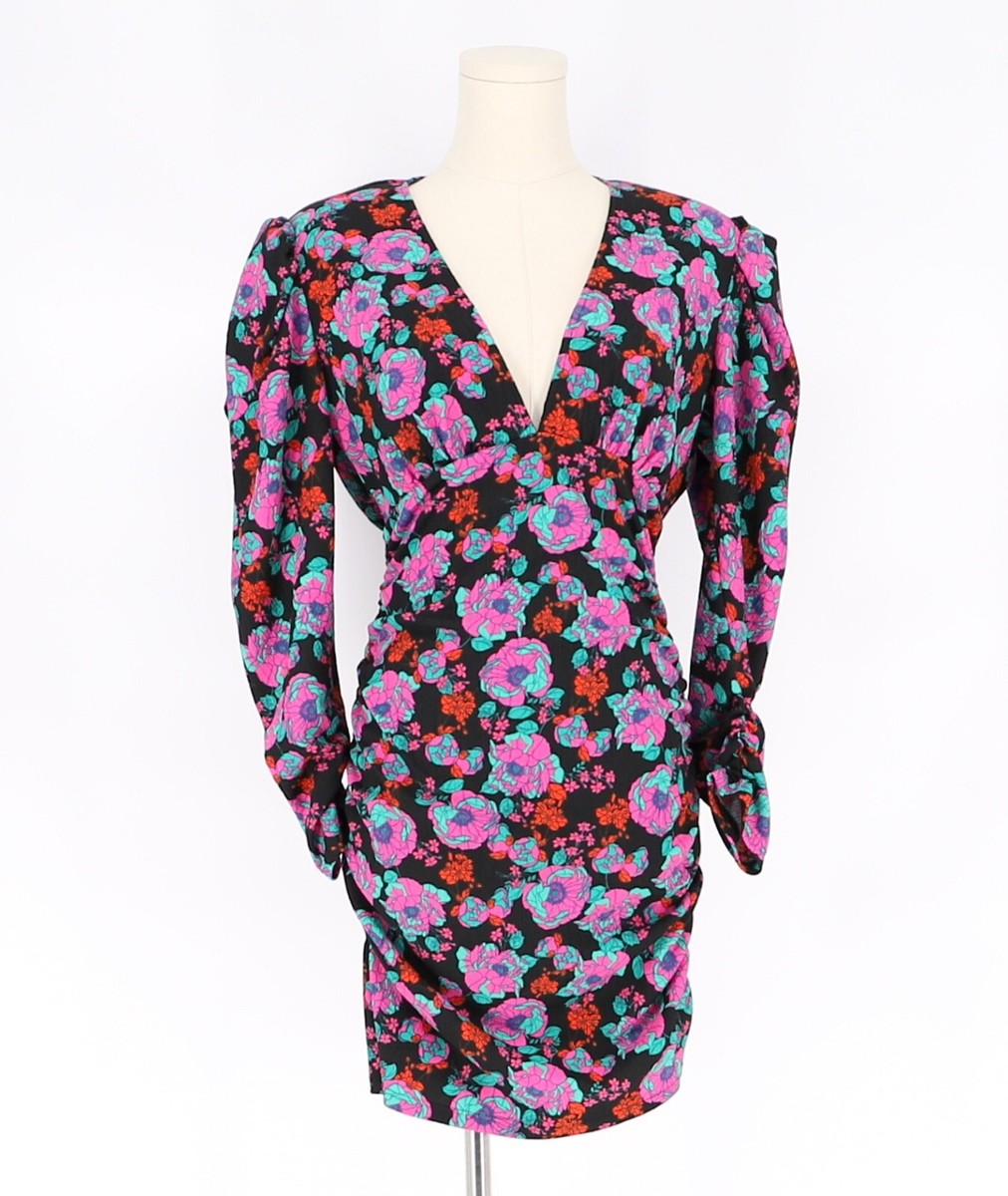 zara floral bodycon dress NWT Ruche Draped Mini Long Sleeve V-Neck Purple Red Size S dressoccasion_h24
