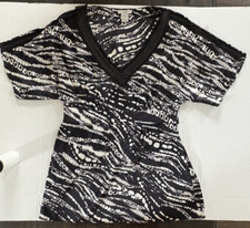 Cache Black/White Print Medium Blouse with Tie In Back