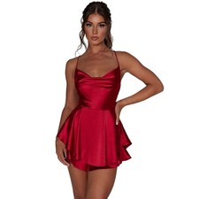 Women Sexy Spaghetti Strap Satin Dress Sleeveless Low Cut Backless Short Romp...
