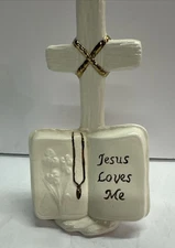 White Ceramic Cross And Bible Figurine Gold Trim  Fc