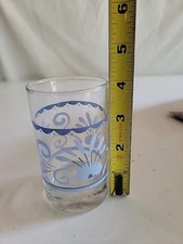 Vintage MCM Retro Blue Flower Decorated Juice Glasses 4" Tall Set of 2