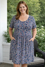 Lands End Womens Floral Dress Large 14/16 Blue Pink Pockets Modest Easter Spring