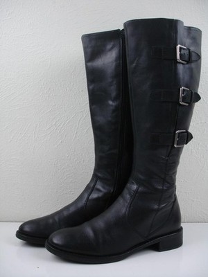 Women's 7 7.5 38 Ecco HOBART 25MM Black Leather Knee High Riding Boots Buckles