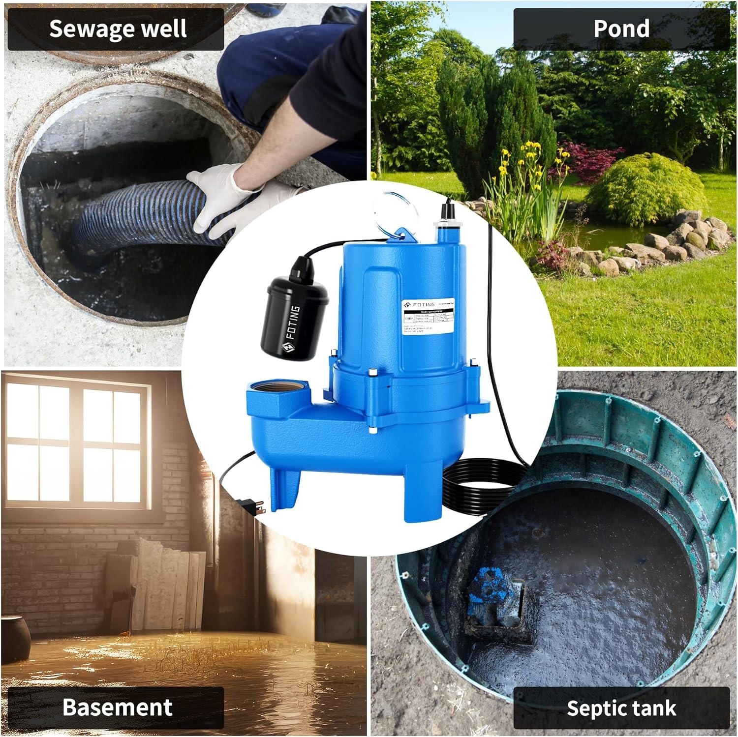 FOTING 1.5HP 9000GPH Submersible Sewage/Effluent Pump, Heavy Duty Cast Iron Sept