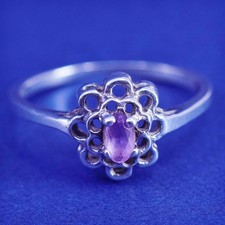 Size 7.25, vintage Sterling 925 silver handmade flower ring with amethyst