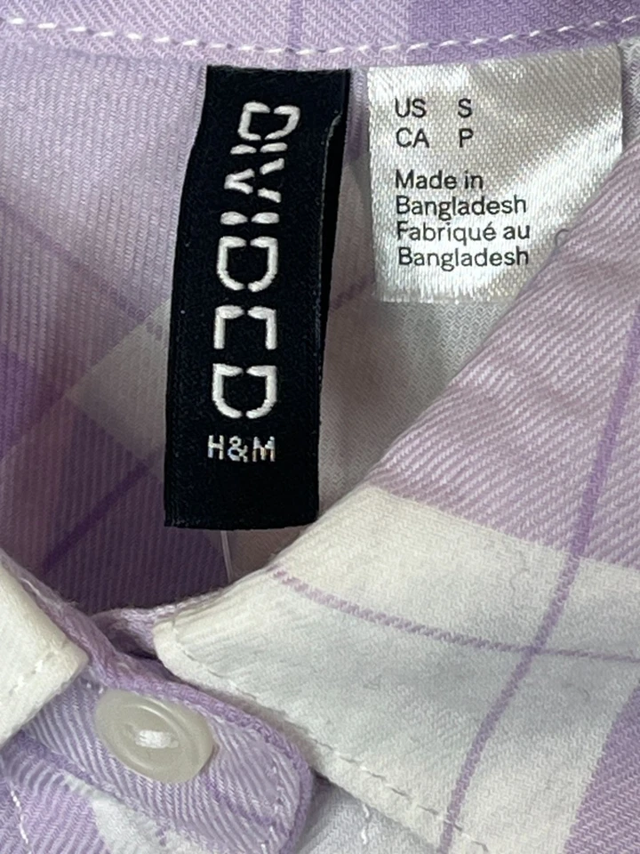 Camisa H&M Dividida Para Mujer Pequeña Con Botones Púrpura Blanca A Cuadros Otoño Preppy Foto 4 de 4