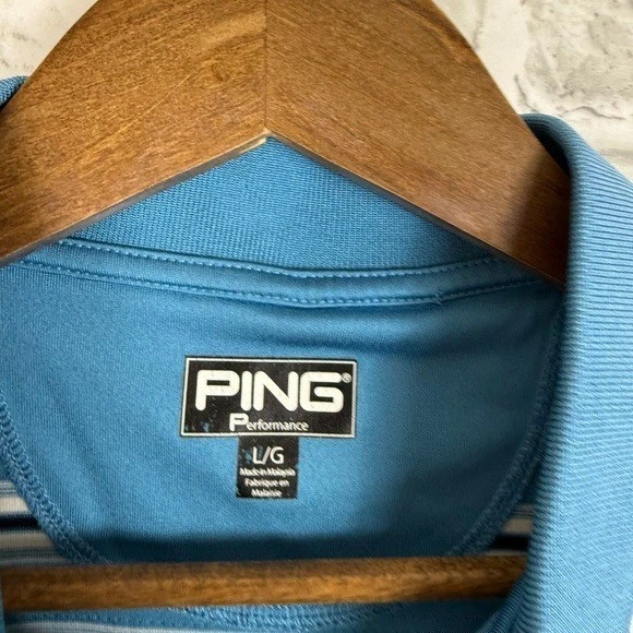 PING Vintage Embroidered Logo Enlarged Blue Striped Performance Golf Polo LARGE - Image 4 of 4
