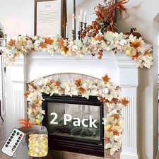 Neutral Fall Garland for Mantle Fireplace - 2 Pack 6Ft Outdoor Autumn Leaves Dec