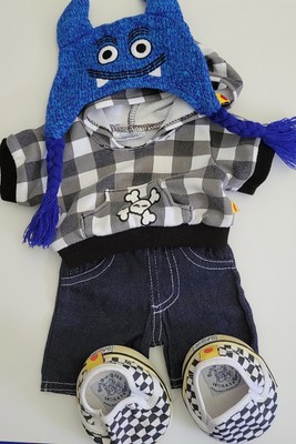 Build A Bear Alt/Emo Outfit- Checkered Skull Hoodie, Blue Monster Hat& Vans Rare