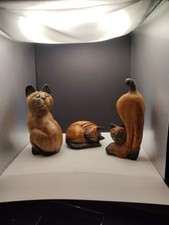 Set di 3 gatti siamesi vintage tailandesi in legno intagliato a mano dipinto a mano