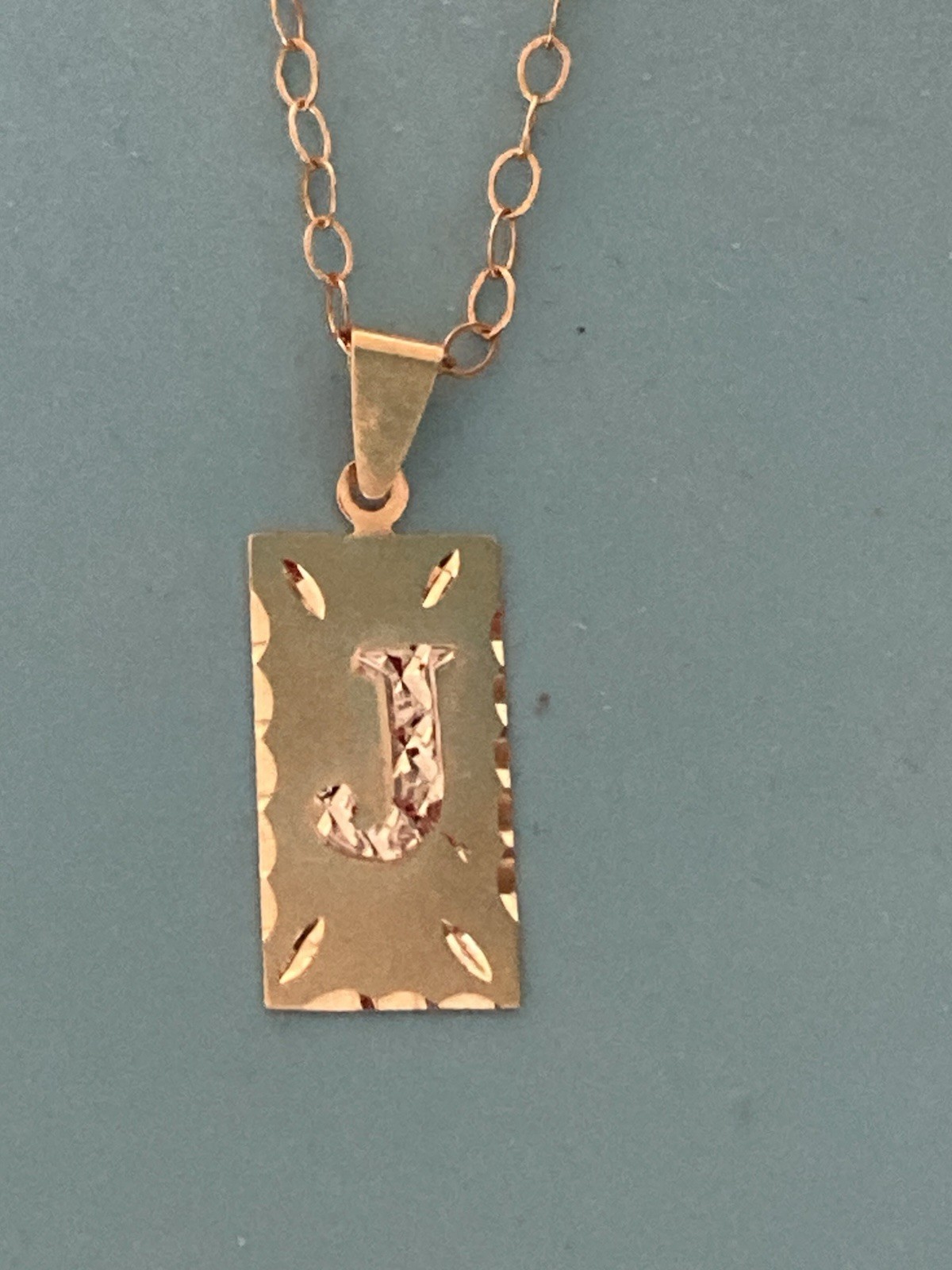 14k Solid Yellow Gold Rectangle Pendant Letter “J… - image 6