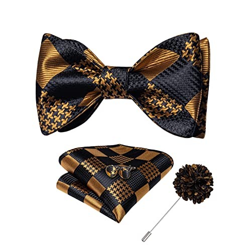 Men's Silk Self-Tie Paisley Bow Tie & Pocket Square Set - Black Gold Plaid