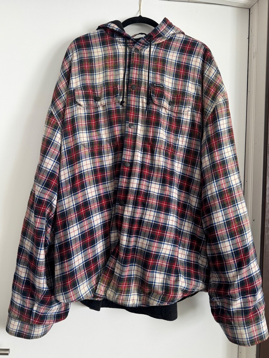 Balenciaga 2022 Padded Plaid Flannel Hoodie Jacket Medium M Unisex