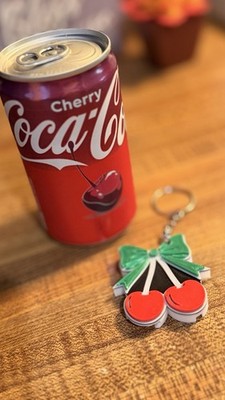 3d Keychain Can opener with cherry charm/ with green bow/