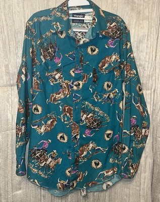 Vintage Mens PRCA Wrangler Rodeo Western Shirt Mens 16 34 Cowboy Bull Horses HTF