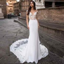 Elegant Lace Mermaid Wedding Dresses V Neck Cap Sleeves Applique Bridal Gowns