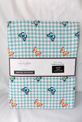 TABITHA WEBB TABLECLOTH INDOOR OUTDOOR Teal Green/Blue CHECK BUTTERFLY  60 X 84
