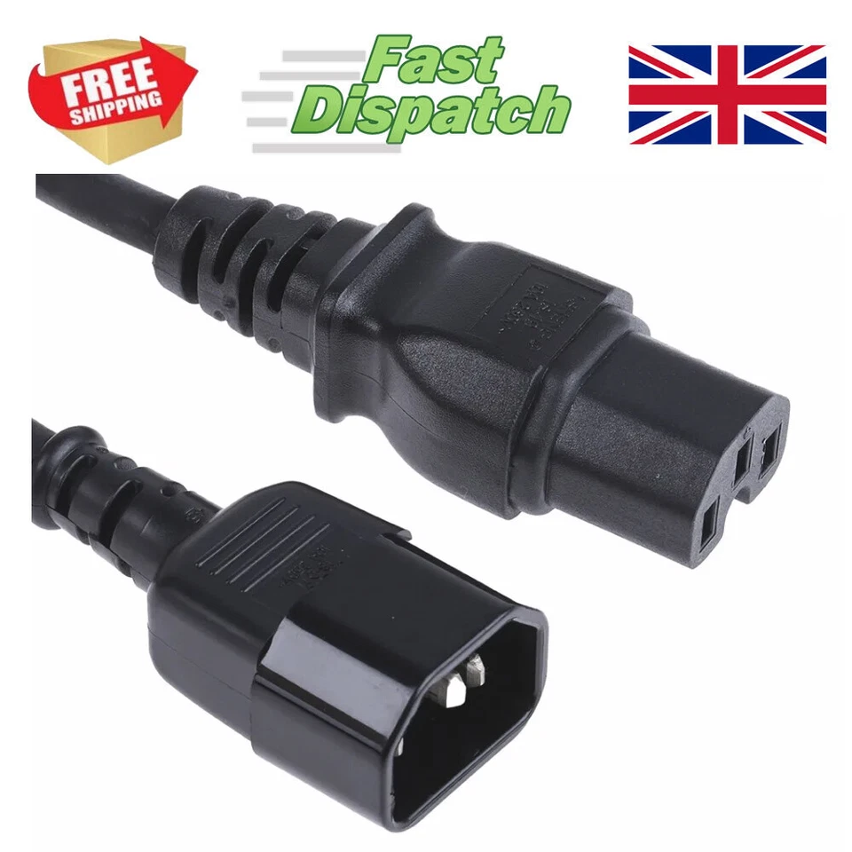 3m Power Extension Cable Cord IEC Kettle Male to Female UPS Lead C13 - C14 Black - Image 2 of 3