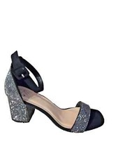 Women Heels Rhinestone Low Heel Black Silver
