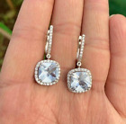 Women's Halo Drop Hoop Earring 2.14ct Cushion Lab Created Aquamarine 925 Silver