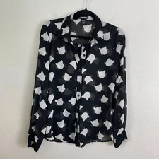 Hot Topic Womens Medium Black White Chiffon Cat Print Top Button Up Blouse