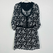 Bongo Black 3/4 Sleeve Mini A-line Dress Size M Floral Adjustable Waist Lined