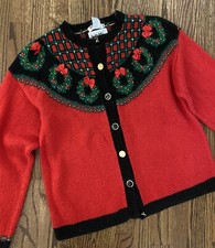 Vtg Over The Top 1980s Preppy Ugly Christmas Zip Sweater With Wreaths S M