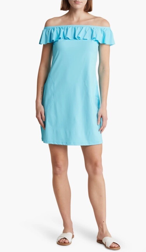 tommy bahama off the shoulder ruffle dress Tommy Bahama Women's Leo Aloha Ruffle Off-the-Shoulder Spa Dress - Candied Pecan