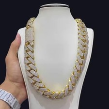 20 ctw Real Moissanite 20mm Cuban Necklace Chain Link 14K Yellow Gold Plated 925