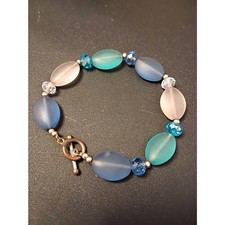 Sea Glass Silver Accent Frosted Blue and Teal Beads with a Toggle Clasp Bracelet