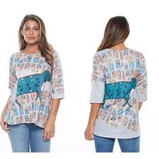 Inoah Molly in Town Scoop Neck Hi-Lo Hem Elbow Sleeve Top Size Small Dog Print